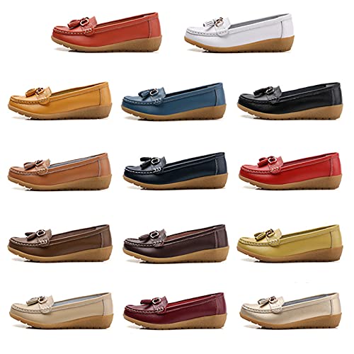 Image of Women Loafers Leather Rubber Sole Slip On Walking Flats Casual Moccasin Boat Shoes