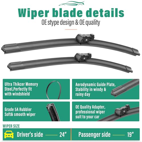Image of 24 inch 19 inch Windshield Wiper Blades Replacement for Volkswagen VW Jetta 2011-2023 Passat 2012-2018 CC 2013-2017 Premium All Weather Front Wiper Blade Set - OEM Quality (Pack of 2)