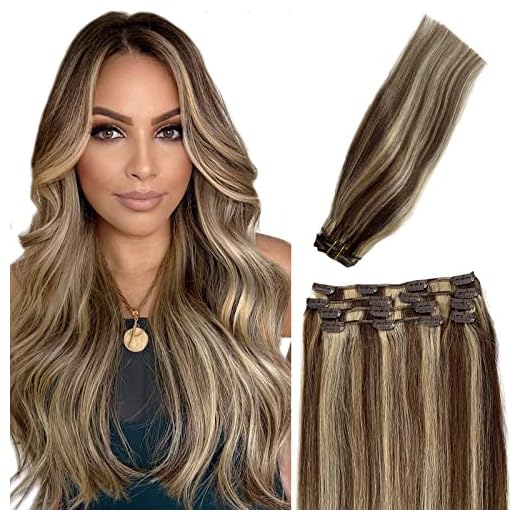 Remy Clip in Hair Extensions Blonde Balayage 70grams 15" Short Straight Human Hair Extensions Clips in Medium Brown to Bleach Blonde Highlights 7 Pieces(#4/613)