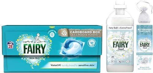 Fairy Non Bio Pods, Laundry Washing Capsules, for Sensitive Skin, 28Pods + Fairy Fresh Fabric Conditioner, 30Washes, 1.05L + Fairy Fresh in Wash Scent Booster Beads, Almond Milk & Manuka Honey, 176gr