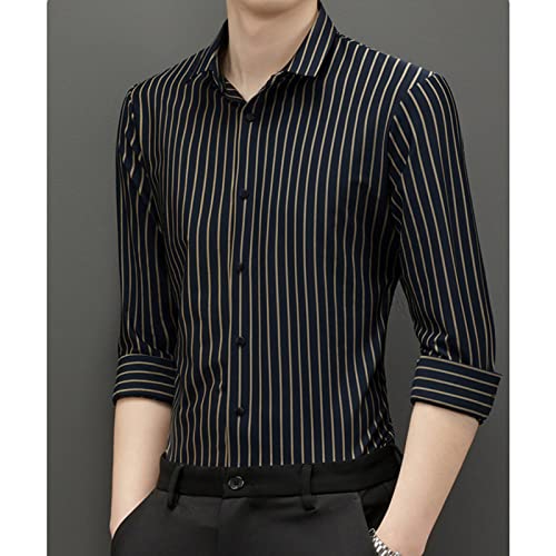 DGHM-JLMY Men's Casual Striped Business Shirt Vertical Striped Button Shirts Loose Iron-Free Long-Sleeved Ice Silk Shirt2