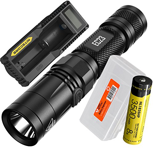 Nitecore EC23 1800 Lumens High Performance LED Flashlight, 1x 3500mAh Rechargeable Battery, UM10 Digital Smart Charger and Lumen Tactical Battery Organizer