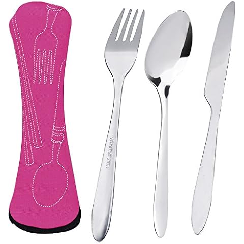 TankerStreet 3PCS Silverware Cutlery Set Stainless Steel with Organizer Bag Travel Camping Flatware Dinnerware Tableware Kit with Storage Lunch Box for Picnic School Knife Fork Spoon Set Rose Case Cover