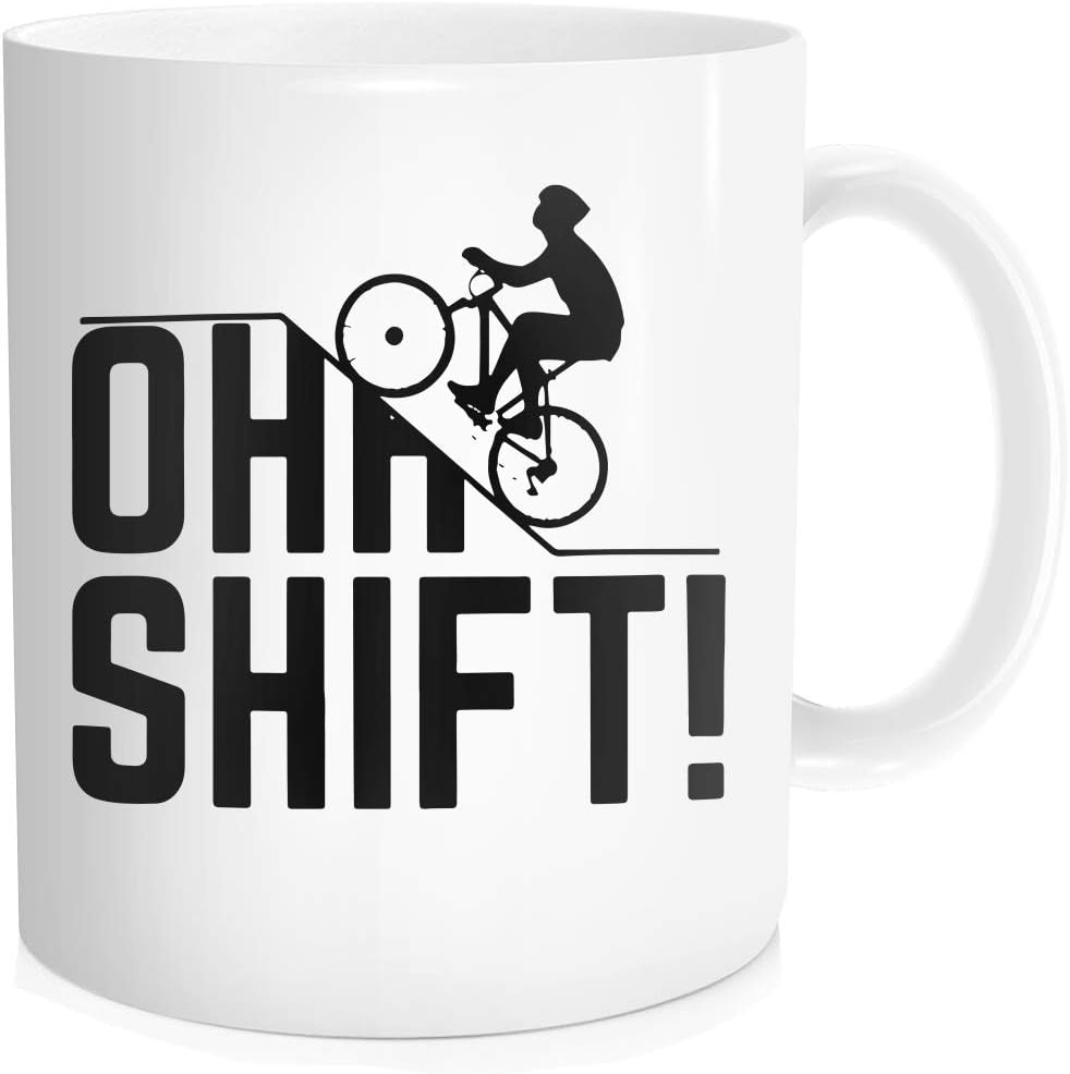 Waldeal Oh Shift Cycling Coffee Mug, Mountain Biker Funny Uphill Cyclist, Gift for Biking Rider Bike Lover, White Bone Ceramic 11 OZ