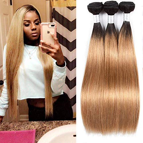 Ombre Bundle 24 26 28 Inch Straight Bundle Human Hair Two Tone Color Hair Dark Roots To Honey Blonde Hair Extensions Silky And Soft Tangle Free Ombre Color 1B/27 Long Brazilian Virgin Hair T1B/27