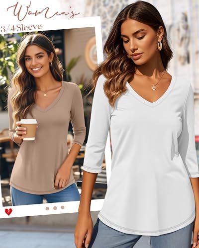 Ficerd 3 Pack Women's 3/4 Length Sleeve T Shirts, V Neck Tops Casual Blouses Loose Fit Tees 2025 Fashion Clothes3