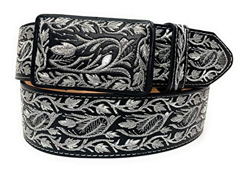 Men's Silver Embroidered Western Belt, Cinto Charro Bordado Plateado Cinto Vaquero (40, Black)