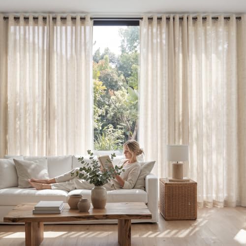 Image of jinchan Linen Curtain 90 Inch Light Filtering Grommet 1 Panel Beige