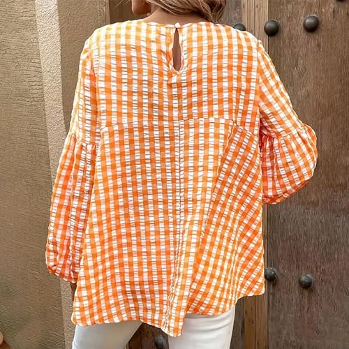Tops for Women Trendy Fall Crewneck Long Lantern Sleeve Plaid Print Tunic Blouse Loose Flowy Dressy Casual Cute Shirt3