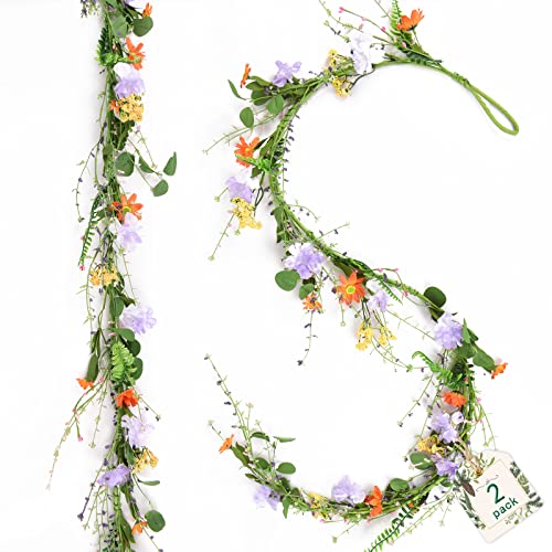 Martine Mall 2 Pack 6ft Artificial Daisy Vine Artificial Flower Garland Artificial Flower Hanging Ivy Fake Daisy Garland Spring Garland with Mixed Flowers and Green Leaves for Wedding Party Home Decor