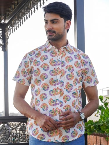Image of Multicolor Cotton Conch Shell Print Casual Shirt for Men