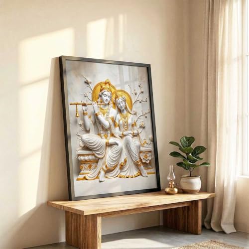 Image of CRAFTLYN Hindu God Wall Art WALL ART Prints Framed Spiritual Religious Paintings for Living Room, Pooja Room, Bedroom, Office, Meditation Room, Home Decor (Radha krishna 1, 19 X25, Black)