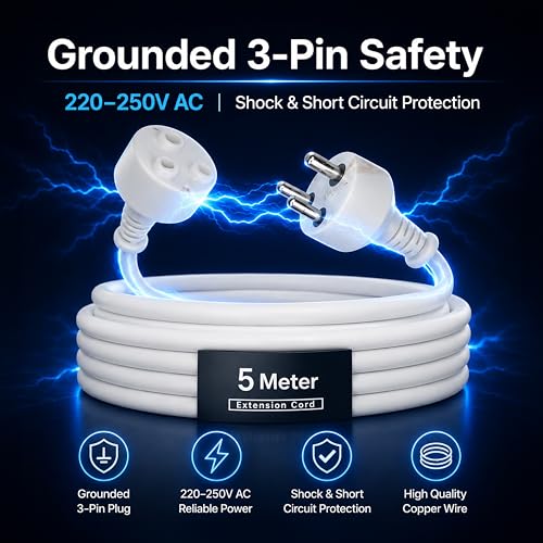 Image of Electronic Spices 3 Pin Heavy Duty Power Extension Cord Cable (5 Meter) | Indoor Outdoor Extension Electrical Extender Cable for Computer, Home, Tools Use & Appliances
