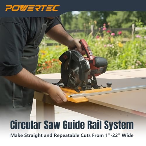 Image of POWERTEC Circular Saw Guide Rail System - Rip-Cut Edge Guide Track for Straight Cuts in Plywood, Sheet Goods & Panels - Fits Left & Right Circular Saws - Portable Cutting Jig for Woodworking (72093)