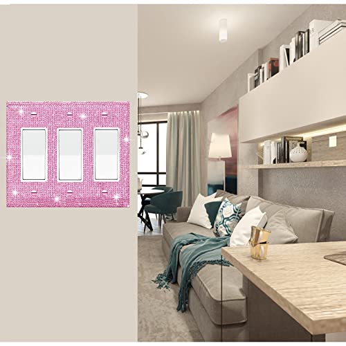 Image of Shiny Silver Pink Rhinestones Light Switch Cover Decorative Outlet Covers Wall Plate Triple Toggle Outlet Covers Wall Outlet Rhinestone Wall Plate Cover