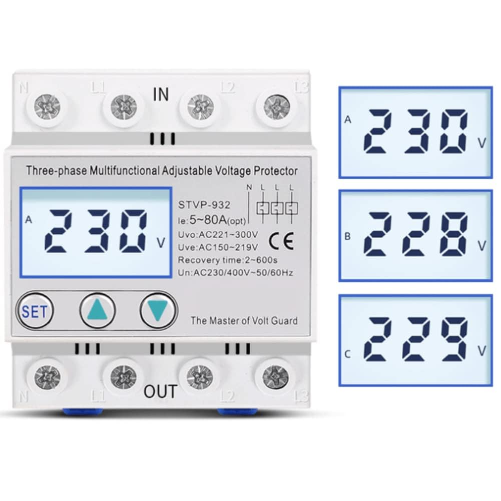 Protezione di Tensione Regolabile LCD Trifase Multifunzione Ripristino Automatico 230 V/400 V CA Protezione da Sovratensione Sottotensione Dispositivo di Protezione Della Tensione(63A)