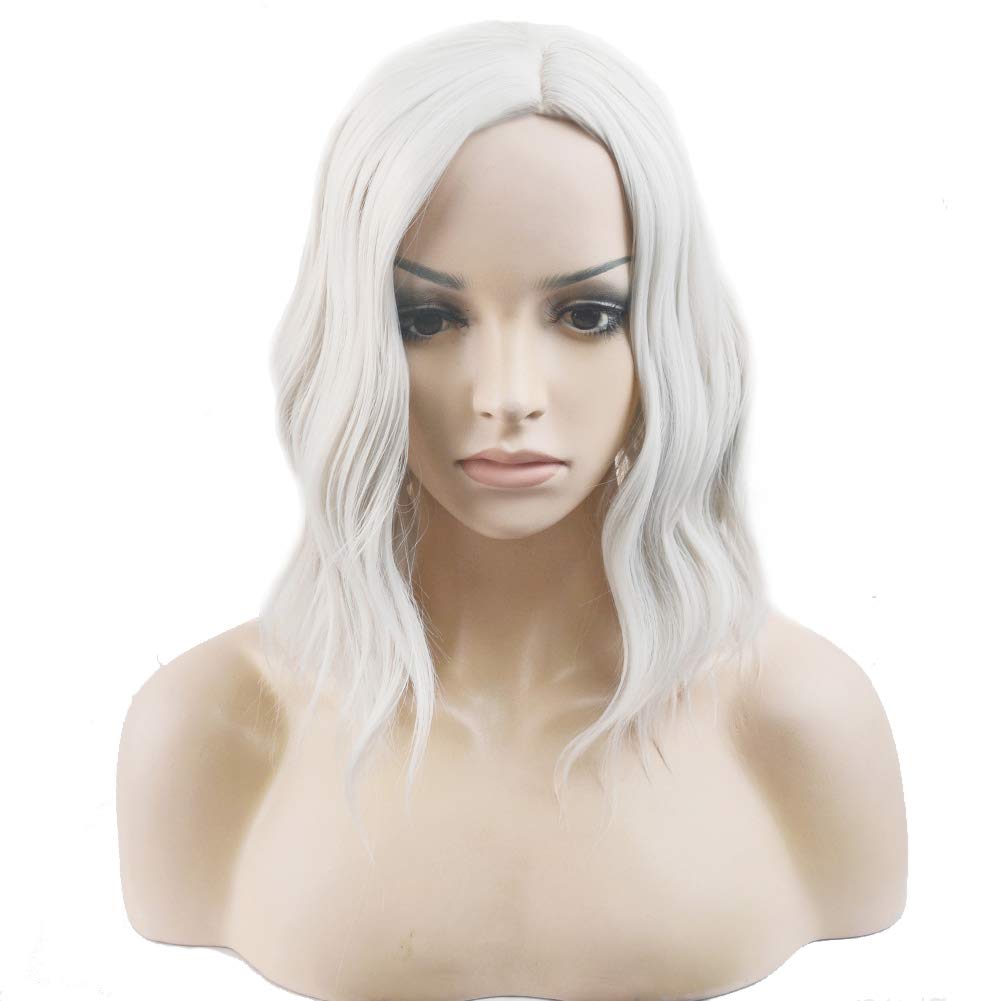 BERON Silver Wig Short Curly Wig Bob Wig Silver White Wigs Women Girls Beach Wave Wigs for Cosplay Costume Party Wig Cap Included