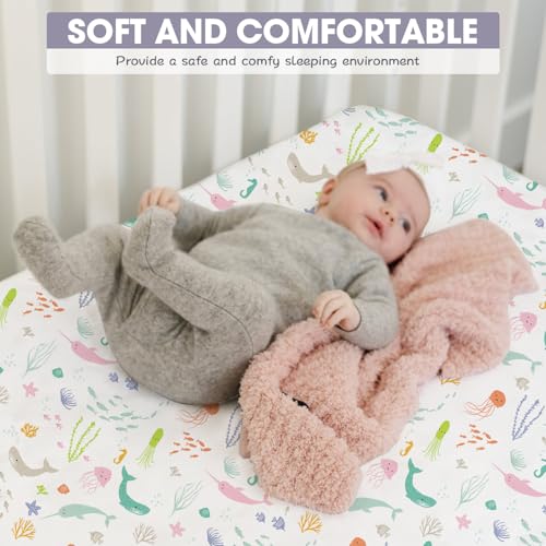 Image of Bimocosy Crib Sheets 4 Pack, Baby Crib Sheets Fitted for Boys and Girls Breathable & Snug Fit, Soft Toddler Bed Sheets for Standard Crib Mattress Nursery Daycare Essentials, Ocean World