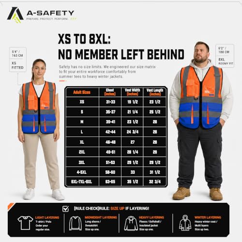 Image of A-SAFETY High Visibility Reflective Vest, Mic Tabs, Zipper, Orange /Blue, M