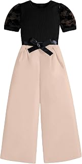 Girl's 2 Piece Rib Knit Mesh Short Puff Sleeve Blouse Tee and Bow Front Wide Leg Pants Set Jumpsuit