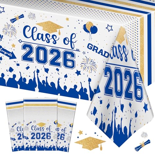 Image of Graduation Decorations Class of 2026 Tablecloth - 3 Pcs Plastic Congrats Grad Table Cloth, Graduation Table Cover for Graduations Party Decorations 2026 and Party Supplies, 54 inchx108 inch (Blue and Gold)