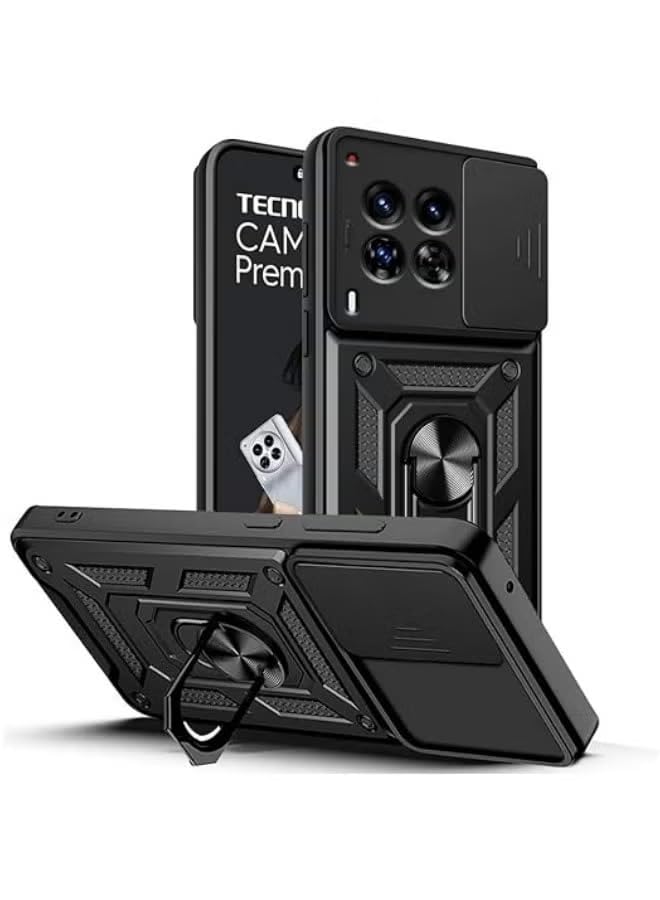 Image of Heavy Duty Back Case Cover for Tecno Camon 30 Premier 5G, Shockproof Tecno Camon 30 Premier Back Cover, Ring Case with Kickstand and Camera Protection Shutter - Black