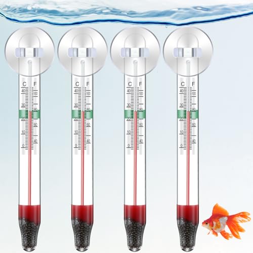 Dreyoo 4 Pcs Floating Aquarium Thermometers, Floating Glass Aquarium Thermometer with Suction Cup, Mercury Free Large Standing Thermometer for Freshwater and Saltwater Fish