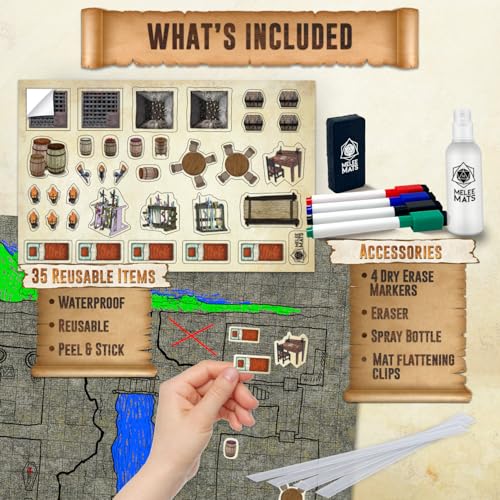Image of Melee Mats DND Map Starter Set for Dungeons and Dragons - 24 inch x 36 inch 3 Pack Double Sided, Wet & Dry Erase Battle Terrain Grid - Tabletop Board Gaming Kit with Accessories