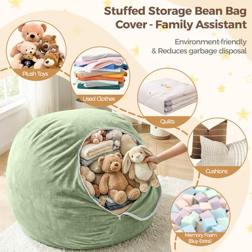 Image of Stuffed Animal Storage Bean Bag Chair Cover for Adults (No Filler), Soft Comfy Velvet Beanbag Chair Cover Machine Washable, Adults Bean Bag Chair with Handle for Living Room Bedroom, Green