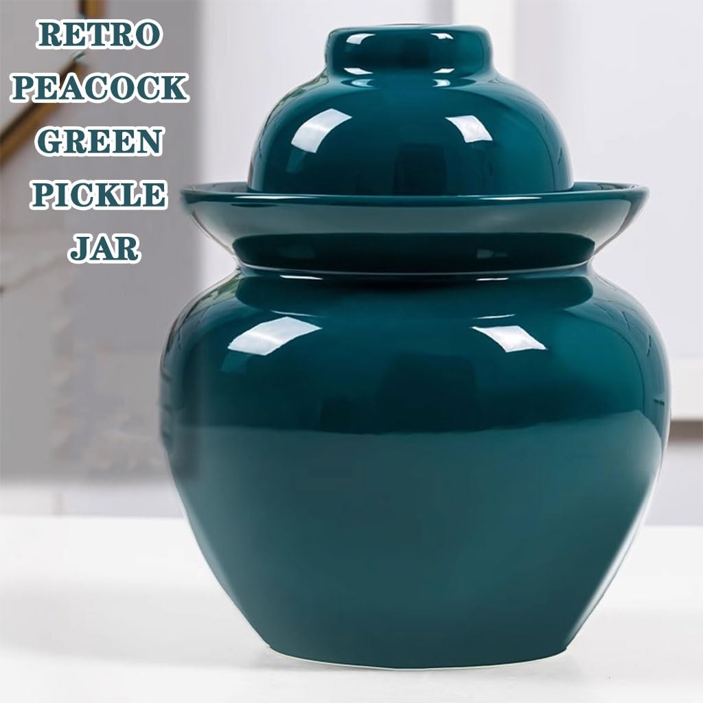 Peacock Green Retro Fermentation Crock, Old Traditional Water-sealed Kimchi Jar, Thickened Ceramic Pickling Crock, Enameled Inside And Outside(5kg/176.4oz)
