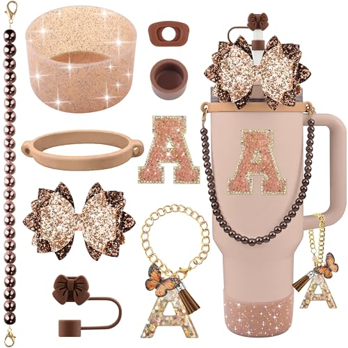 Hpebl 9PCS Brown for Stanley Cup Accessories Set Bling Initials Bow Charms for Stanley Decorations 30/40 Oz Tumbler Accessories Including Bow Straw Topper, Handle Strap, Spill Stopper（Letter A） - image 1