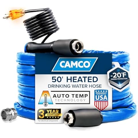 Camco 50' Heated Water Hose for RV — Prevents Freezing Down to -20° — Certified For Drinking Water & Lead-Free — Great for Campers, Livestock, Agriculture, Kennels, etc. — 5/8" ID(22912-A) Cover