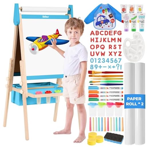 Belleur All-in-one Kid Easel Including 2 Paper Rolls, Magnetic Letters, 6 Finger Paints, 8 Colors Markers, Deluxe Standing Art Easel with Magnetic Chalkboard & Whiteboard, Easy to Adjust Height - Blue