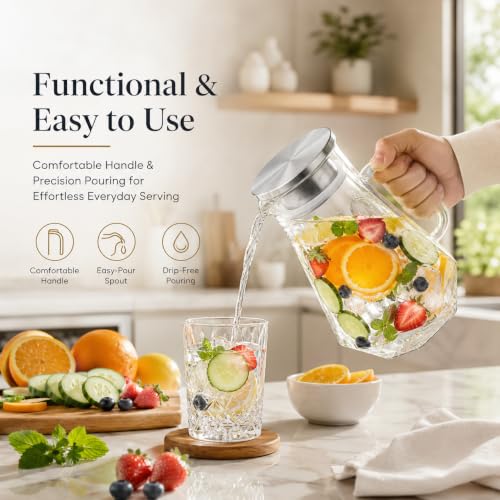 Image of Wringo Premium Glass Water Jug - 1.8 LTR, Transparent, Hot Cold Water Glass Pitcher with Steel Lid Water Jug, Iced Tea, Milk and Juice Beverage Carafe, Golden Lemon Jug 1800ML (WQ-20)