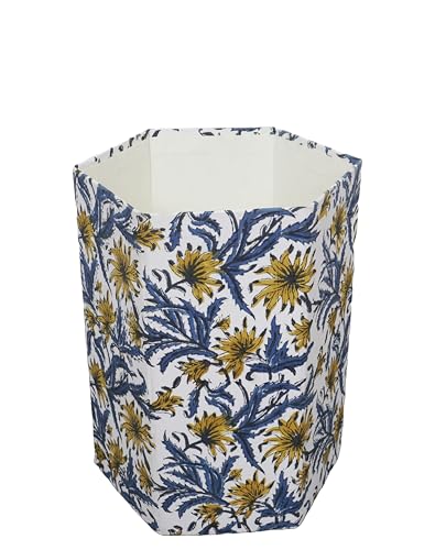 Image of 3.3 Gallon Cotton Hand Block Printed Paper Waste Basket |Small Decorative Trash Can for Housewarming Gifts in Living Room, Bedroom, Bathroom | Eco-Friendly, Plastic-Free (1, Blue Yellow FLOWAR)