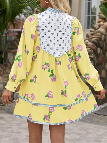 Image of Wenrine Womens Casual Floral Mini Dress Fall Long Sleeve V Neck Patchwork Loose Boho Shirt Dresses