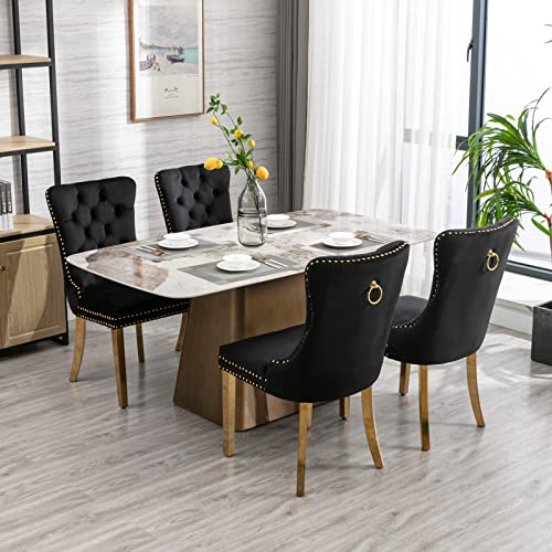 MZDOO Black Velvet Dining Chairs Set of 4, Tufted Upholstered Dining Room Chairs with Back Ring Pull, Nailhead Trim and Golden Legs, Modern Dining Chairs for Dining Room, Kitchen(Black) - Thumbnail 2
