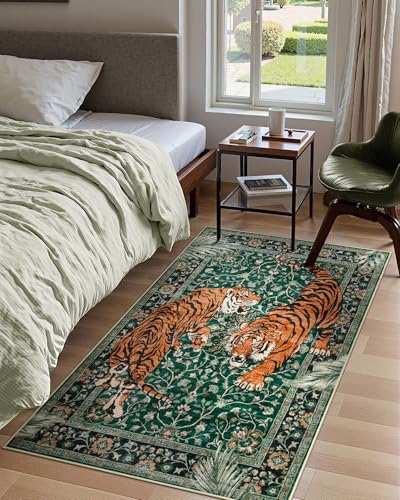 Moynesa Tiger 3x5 Washable Rug, Boho Area Rugs for Entryway, Green Non Slip Small Rug for Bedroom, Ultra Thin Botanical Soft Accent Carpet for Kitchen Entry Laundry Room