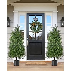2 pack 4ft artificial cedar topiary trees for outdoor front porch decor uv rated fake potted plants for indoor and outdoor use  urban country home decor
