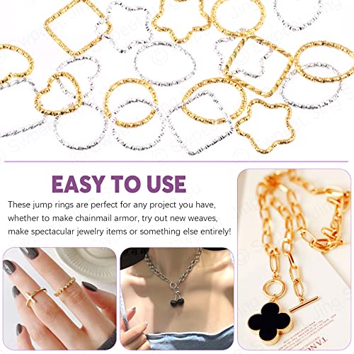 Swpeet 400Pcs Gold And Sliver 12Mm 15Mm 16Mm 18Mm 5 Styles Open Jump Rings Assortment Kit, Plum Bossom/Water Droplets/Heart/Squareiron O Rings Connectors Jewelry Findings #TOP4