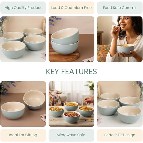 Image of The Earth Store Grey Mellow Ceramic Bowl Set of 4, 450 ML Each | Dishwasher & Microwave Safe Serving Bowls for Snacks, Soup, Dal, Curry, Pasta, Vegetables and More | Perfect for Gifting, Daily Use