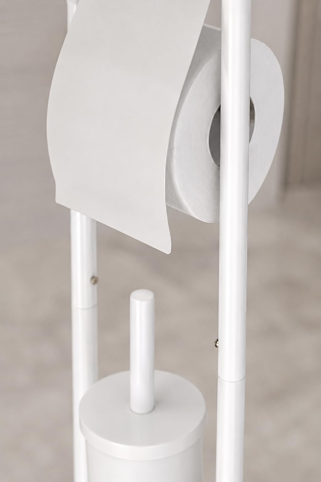 Porta Rotolo con Scopino WC da Terra in Acciaio Inox, Porta Carta Igienica Bagno Moderno Salvaspazio (Bianco)