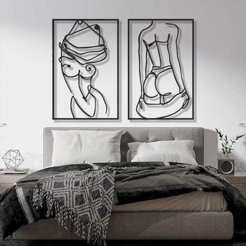 Woman Naked Metal Wall Art, Aesthetic Decor Line Art Set of 2, Woman Metal Decor, Wall Arty, Modern Home Decor Wall Art, Bathroom Line Art Naked, Bedroom Wall Art Above Bed (24 x 18 inch | 60 x 46 cm, Black)