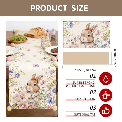 Tischläufer Ostern mit Hasen Motiv 40x180 cm – Eleganter Ostertischläufer für Ihre Osterdeko modern – Bunte Frühlings Blumen Tischwäsche für Männer und Frauen