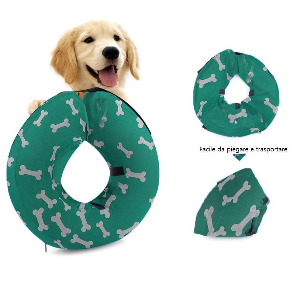 Ducomi Collare Protettivo Gonfiabile Elisabettiano per Cane e Gatto per Recupero Postoperatorio dell'Animale - Libertà nei Movimenti e Vista - Previene l'Infezione da Graffi e Morsi (Bones, S)
