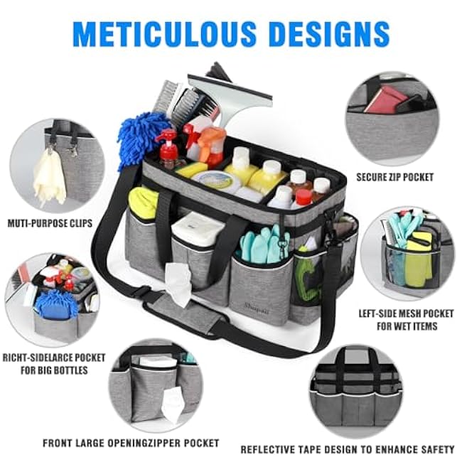 Large Wearable Cleaning Caddy Bag, Cleaning Caddy Supplies Organizer with Handles for Cleaners & Housekeeper, Under Sink & Car Cleaning Tool Organizers Bag with Adjustable Shoulder Strap&Waist Belt