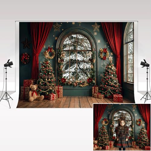 Kate Photographie Toiles de Fond 2,2x1,5m/7x5ft Couronne de Noël Jouet Ours Rideau Rouge Vert foncé Arche fenêtre Enfants Famille Portrait décor Fond Photo Studio