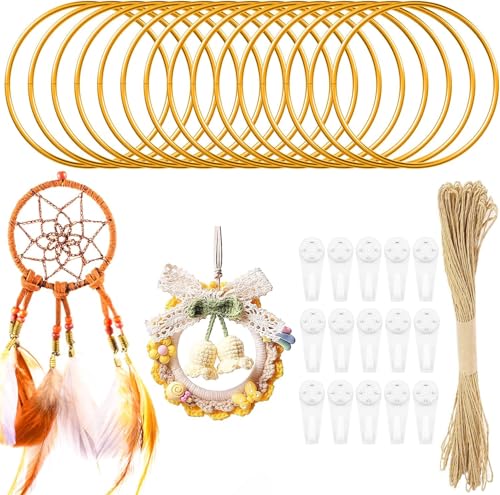 Realure 15Pcs Metal Rings for Craft with Traceless Nails & Hemp Rope Set 10 cm Decorative Floral Wreath Rings Hoops Gold Dream Catcher Hoops Rings for DIY Crafts Dreamcatcher Macrame Hanging