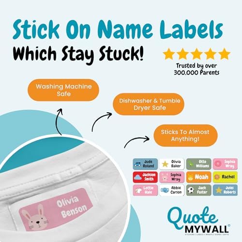 QuoteMyWall 36 x Personalised Stick On Clothing Labels for Kids School Clothes Stationery Water Bottle Lunch Boxes Items - Washing Machine/Tumble Drier & Dishwasher Safe Sticker Tags (Blue) - View 6