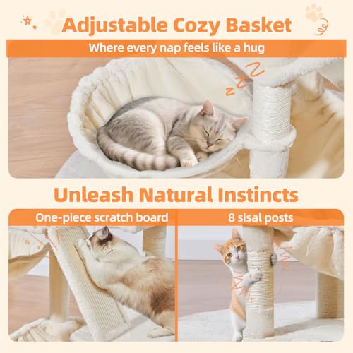 Image of Taoqimiao Cat Tree 57.5-Inch, Cat Tower for Indoor Cats Large Adult, Extra Large Cat Condo, 8 Sisal Scratching Posts, Metal Frame Cozy Hammock, Durable Scratch Board, 2 Top Perches, Beige MS026M